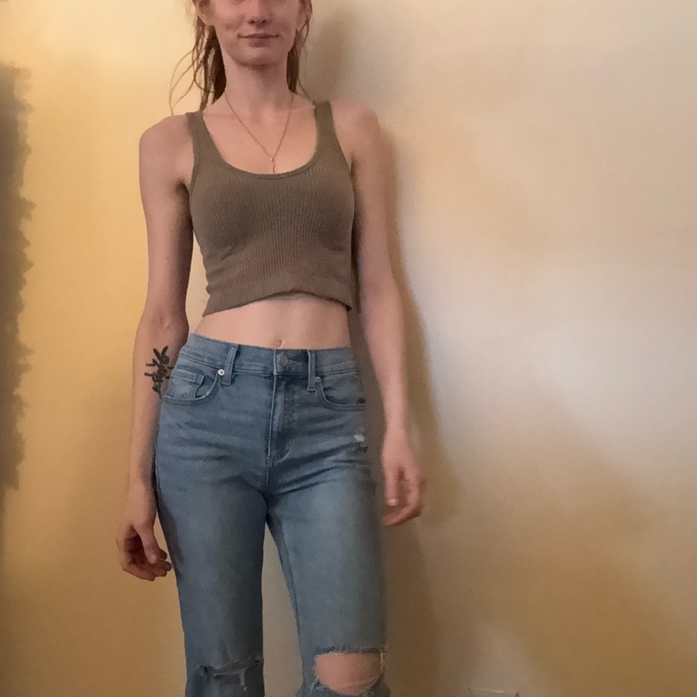 American Eagle Outfitters Olive Ribbed Cropped Tank